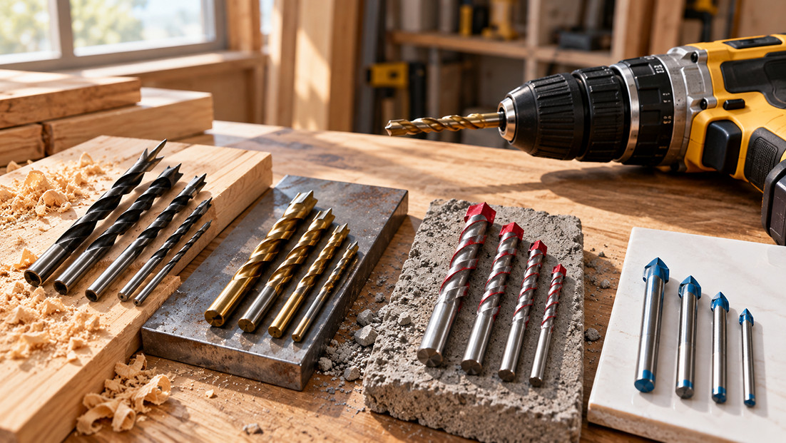 Drill bits organized for wood, metal, masonry, and tile projects